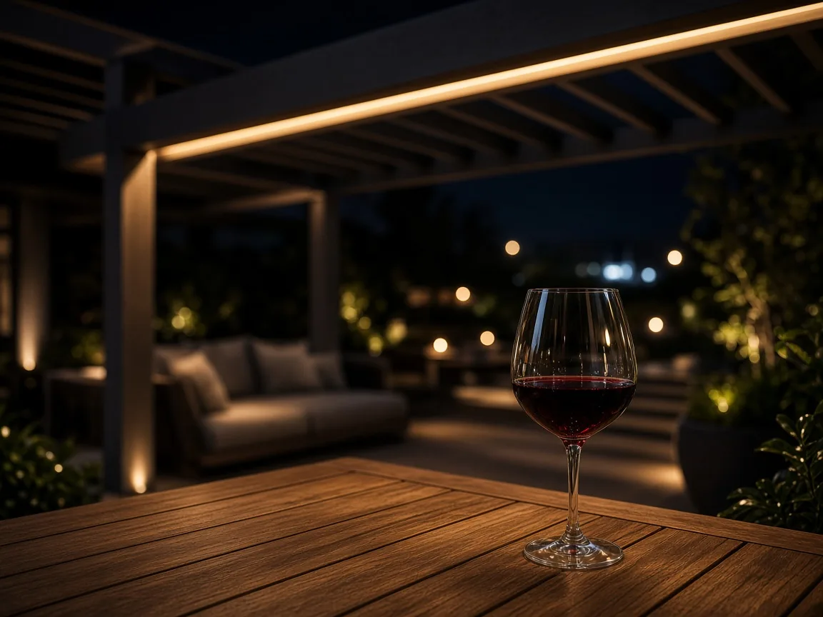 Pahar de vin pe masă, sub o pergolă cu iluminat LED integrat, seara