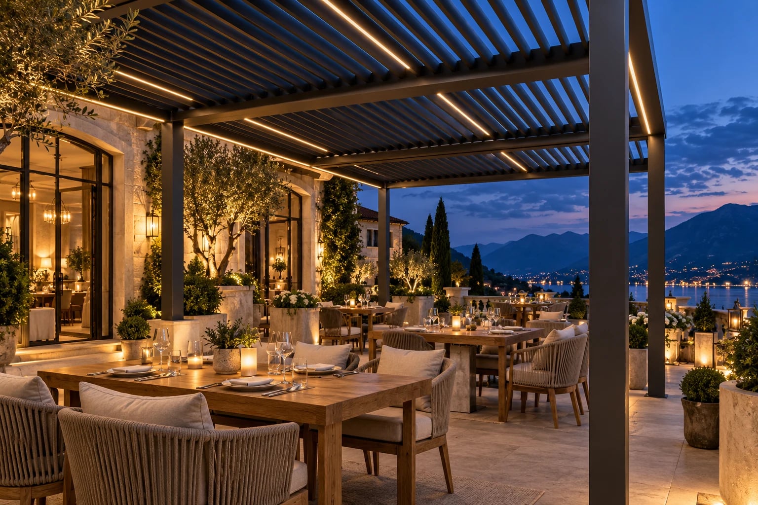 Terasă de restaurant acoperită cu pergolă modulară din aluminiu